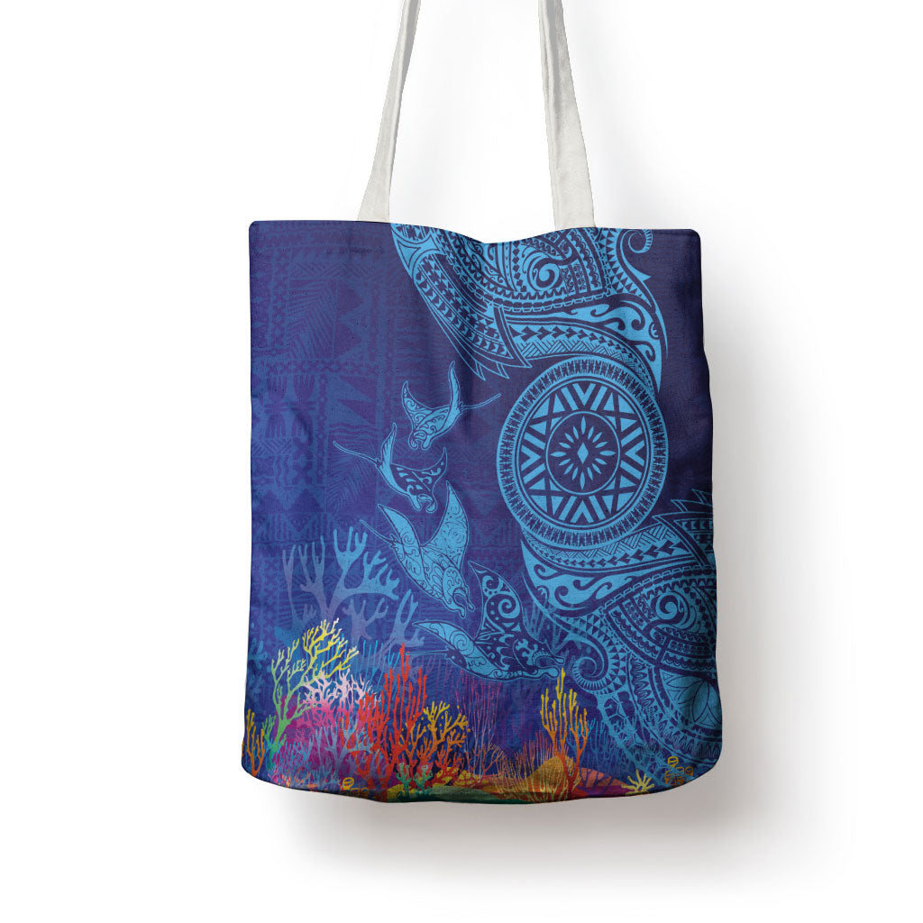 Fijian Tribal Manta Ray Tote Bag Masi Motif with Coral Reef Ocean Vibe LT03 - Polynesian Pride