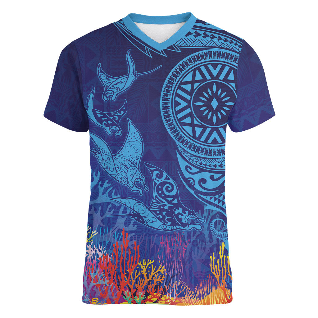 Fijian Tribal Manta Ray Women V-Neck T-Shirt Masi Motif with Coral Reef Ocean Vibe