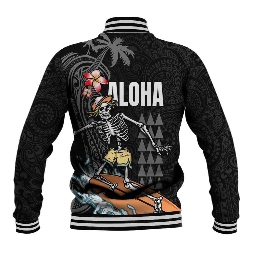 Hawaiian Halloween Skeleton Surfing Baseball Jacket Polynesian Tribal Tattoo and Hawaiian Pattern