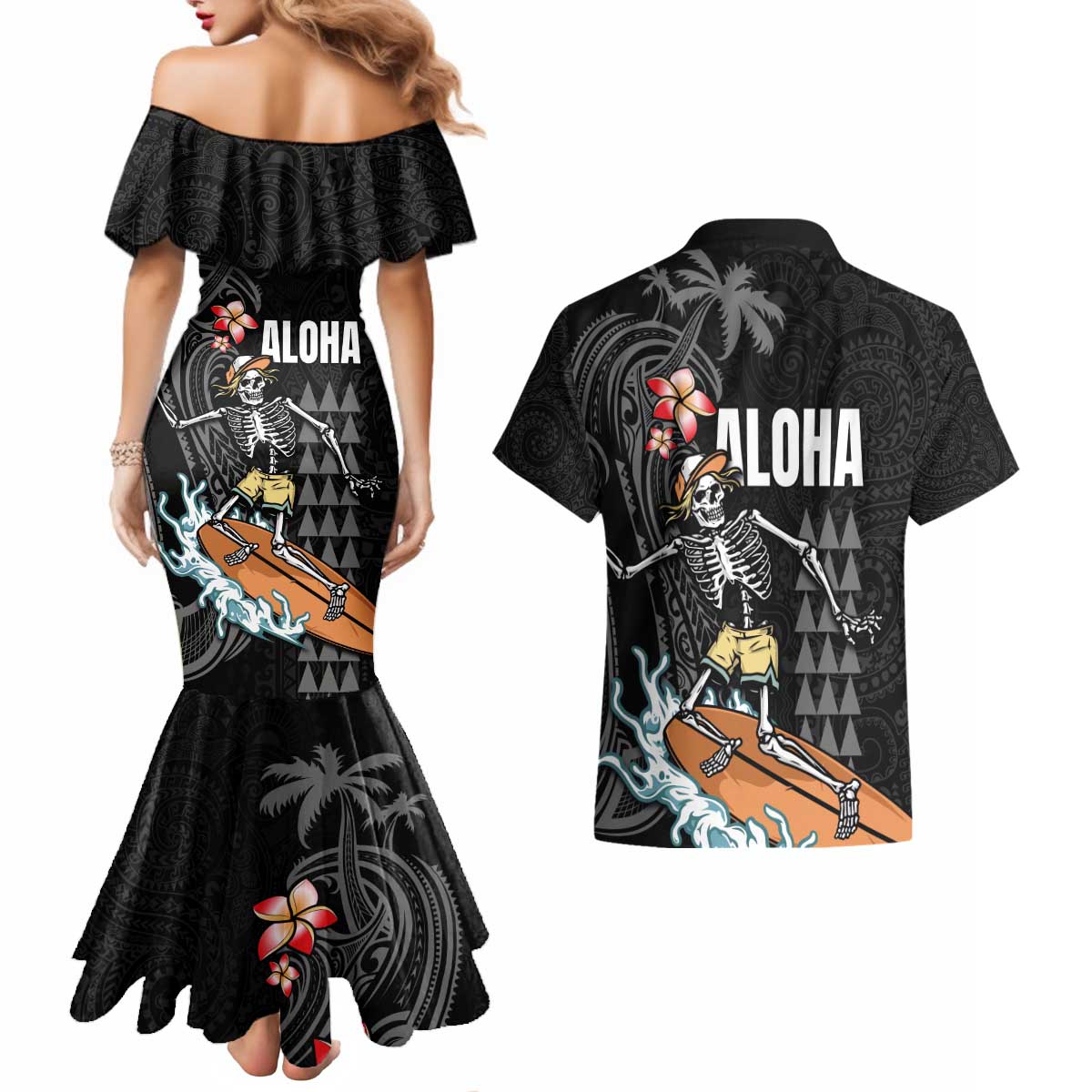 Hawaiian Halloween Skeleton Surfing Couples Matching Mermaid Dress and Hawaiian Shirt Polynesian Tribal Tattoo and Hawaiian Pattern LT03 - Polynesian Pride
