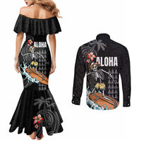 Hawaiian Halloween Skeleton Surfing Couples Matching Mermaid Dress and Long Sleeve Button Shirt Polynesian Tribal Tattoo and Hawaiian Pattern