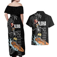 Hawaiian Halloween Skeleton Surfing Couples Matching Off Shoulder Maxi Dress and Hawaiian Shirt Polynesian Tribal Tattoo and Hawaiian Pattern LT03 - Polynesian Pride