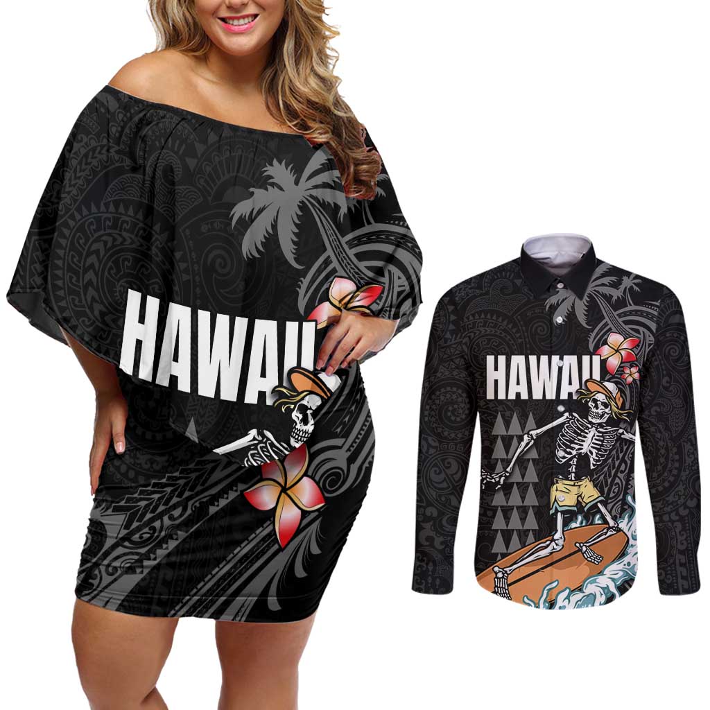 Hawaiian Halloween Skeleton Surfing Couples Matching Off Shoulder Short Dress and Long Sleeve Button Shirt Polynesian Tribal Tattoo and Hawaiian Pattern