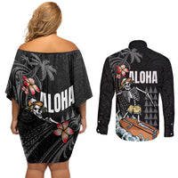 Hawaiian Halloween Skeleton Surfing Couples Matching Off Shoulder Short Dress and Long Sleeve Button Shirt Polynesian Tribal Tattoo and Hawaiian Pattern