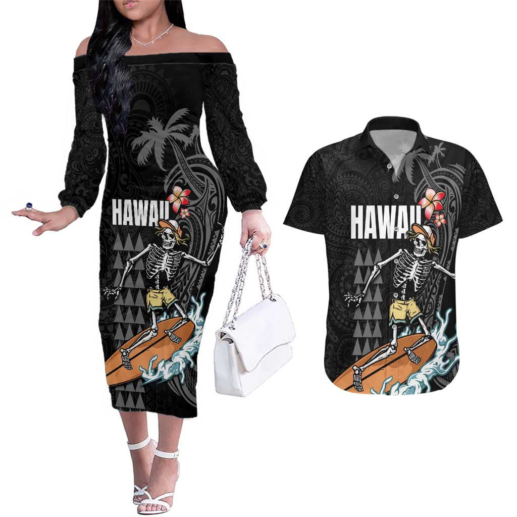 Hawaiian Halloween Skeleton Surfing Couples Matching Off The Shoulder Long Sleeve Dress and Hawaiian Shirt Polynesian Tribal Tattoo and Hawaiian Pattern