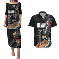 Hawaiian Halloween Skeleton Surfing Couples Matching Puletasi and Hawaiian Shirt Polynesian Tribal Tattoo and Hawaiian Pattern LT03 Black - Polynesian Pride