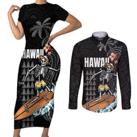 Hawaiian Halloween Skeleton Surfing Couples Matching Short Sleeve Bodycon Dress and Long Sleeve Button Shirt Polynesian Tribal Tattoo and Hawaiian Pattern