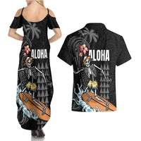 Hawaiian Halloween Skeleton Surfing Couples Matching Summer Maxi Dress and Hawaiian Shirt Polynesian Tribal Tattoo and Hawaiian Pattern