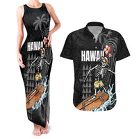 Hawaiian Halloween Skeleton Surfing Couples Matching Tank Maxi Dress and Hawaiian Shirt Polynesian Tribal Tattoo and Hawaiian Pattern