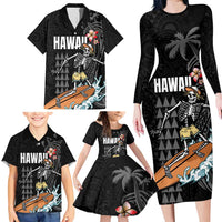 Hawaiian Halloween Skeleton Surfing Family Matching Long Sleeve Bodycon Dress and Hawaiian Shirt Polynesian Tribal Tattoo and Hawaiian Pattern LT03 - Polynesian Pride