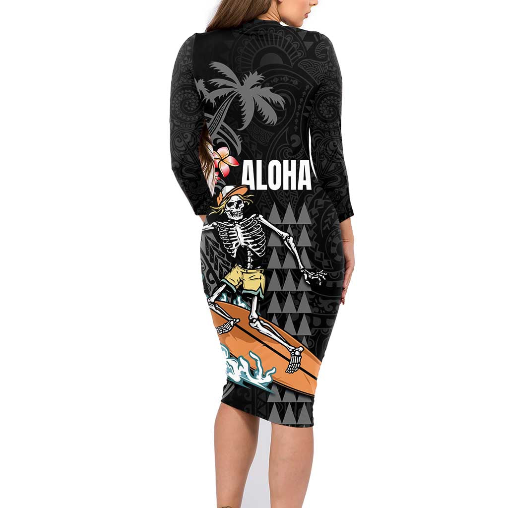 Hawaiian Halloween Skeleton Surfing Family Matching Long Sleeve Bodycon Dress and Hawaiian Shirt Polynesian Tribal Tattoo and Hawaiian Pattern LT03 - Polynesian Pride