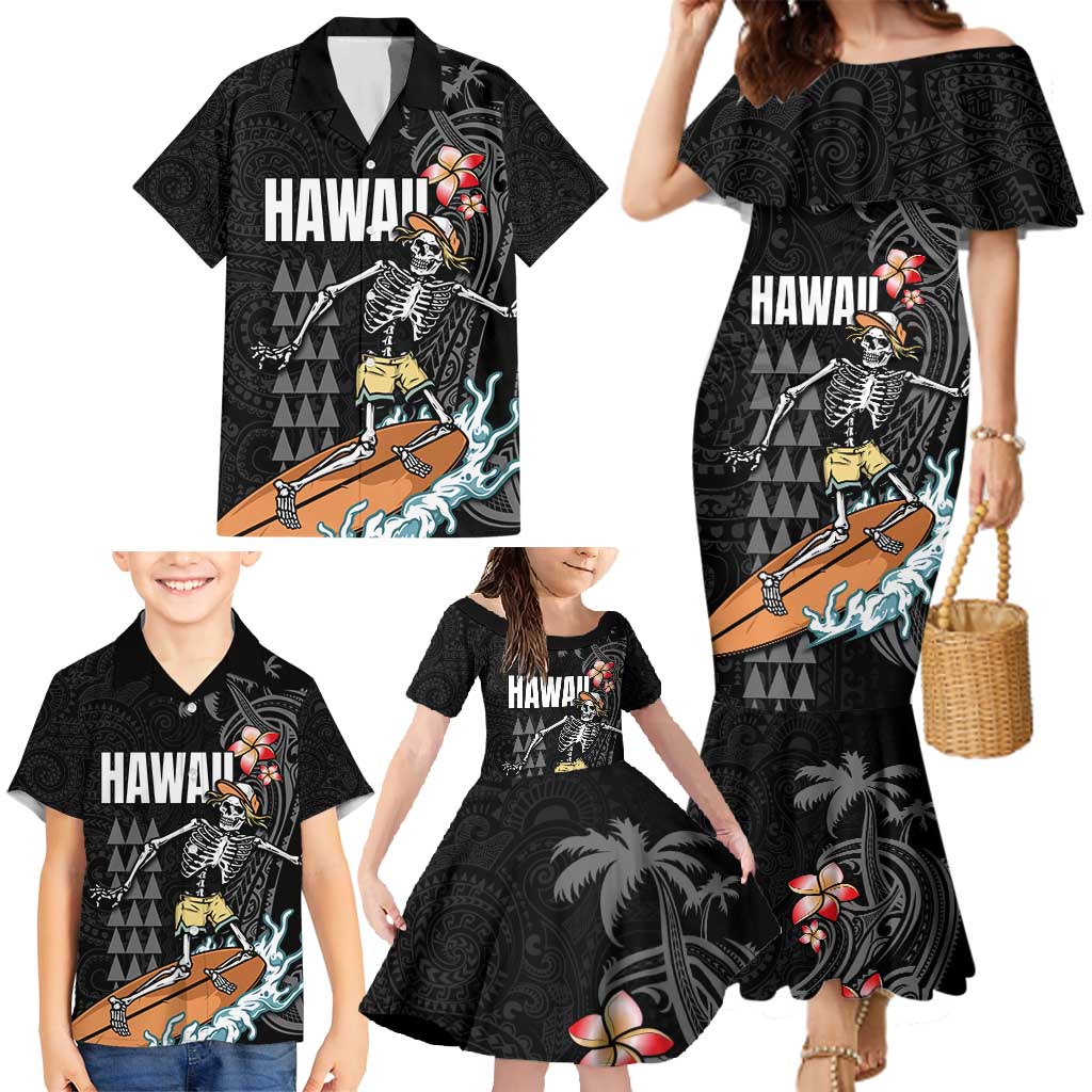 Hawaiian Halloween Skeleton Surfing Family Matching Mermaid Dress and Hawaiian Shirt Polynesian Tribal Tattoo and Hawaiian Pattern LT03 - Polynesian Pride