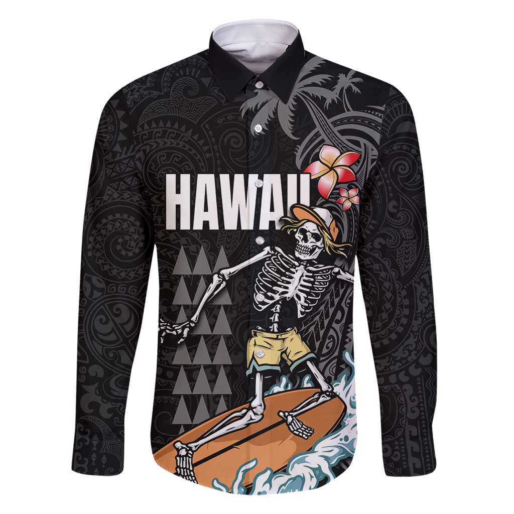 Hawaiian Halloween Skeleton Surfing Family Matching Mermaid Dress and Hawaiian Shirt Polynesian Tribal Tattoo and Hawaiian Pattern LT03 Dad's Shirt - Long Sleeve Black - Polynesian Pride
