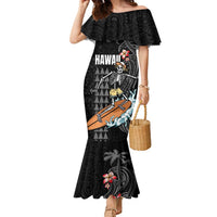 Hawaiian Halloween Skeleton Surfing Family Matching Mermaid Dress and Hawaiian Shirt Polynesian Tribal Tattoo and Hawaiian Pattern LT03 Mom's Dress Black - Polynesian Pride