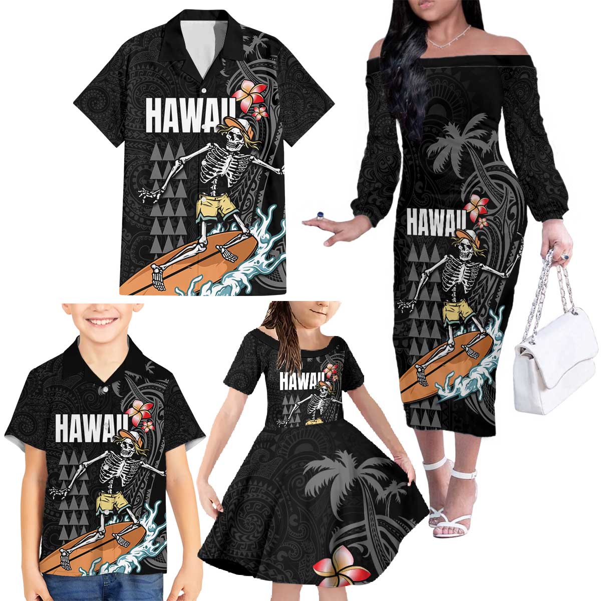 Hawaiian Halloween Skeleton Surfing Family Matching Off The Shoulder Long Sleeve Dress and Hawaiian Shirt Polynesian Tribal Tattoo and Hawaiian Pattern LT03 - Polynesian Pride