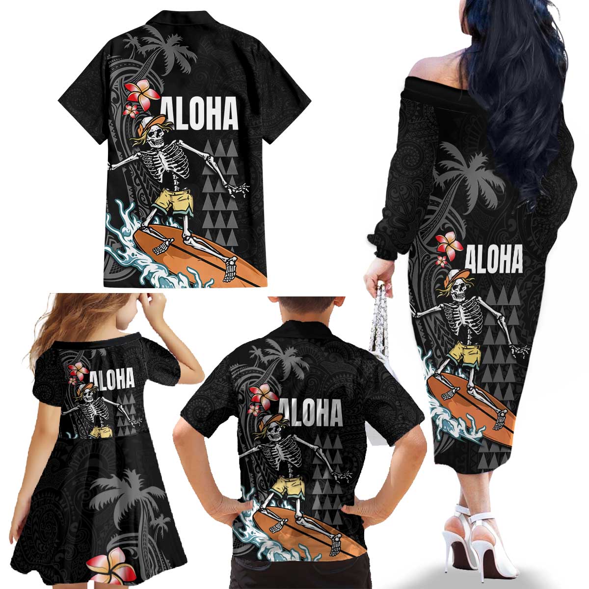 Hawaiian Halloween Skeleton Surfing Family Matching Off The Shoulder Long Sleeve Dress and Hawaiian Shirt Polynesian Tribal Tattoo and Hawaiian Pattern LT03 - Polynesian Pride
