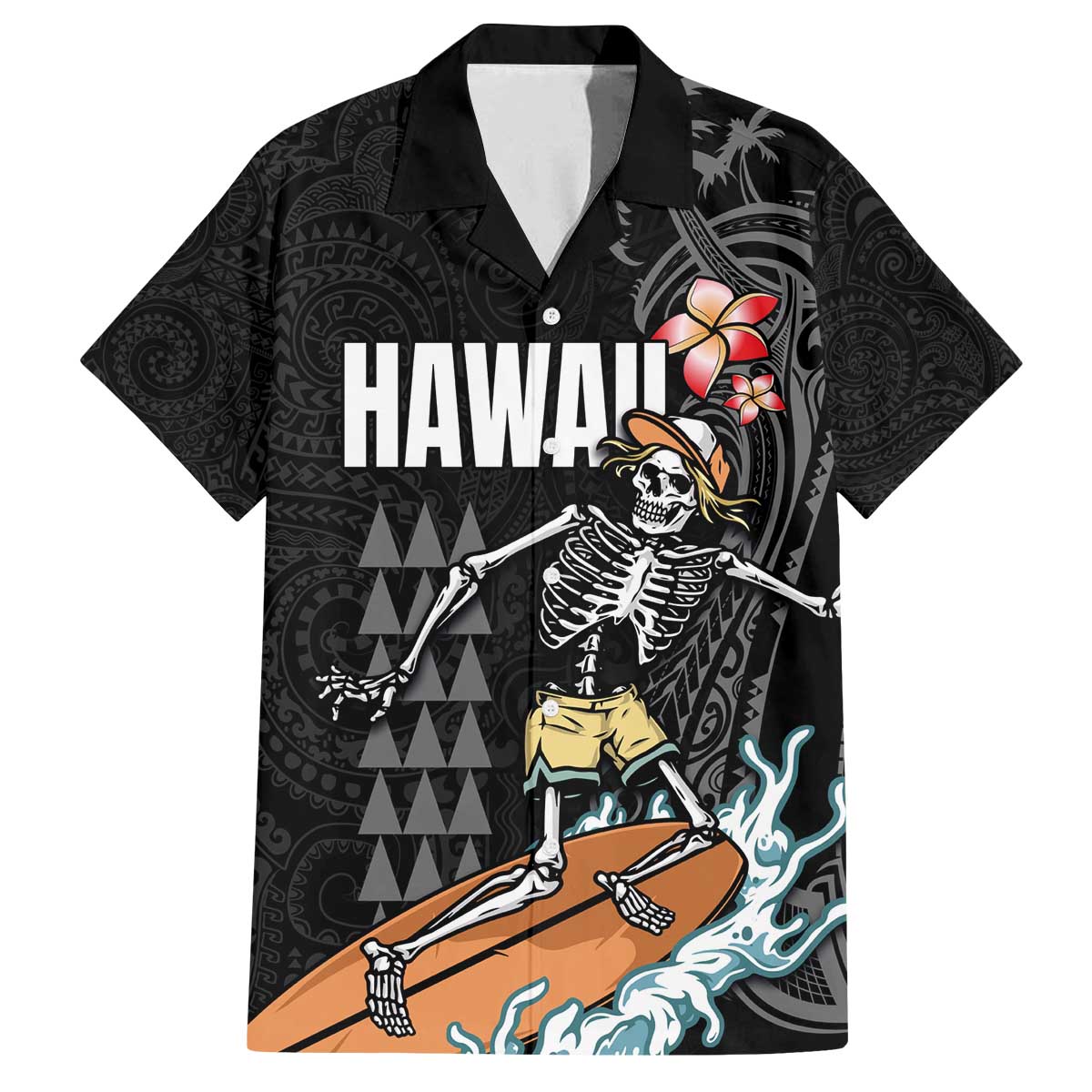 Hawaiian Halloween Skeleton Surfing Family Matching Off The Shoulder Long Sleeve Dress and Hawaiian Shirt Polynesian Tribal Tattoo and Hawaiian Pattern LT03 Dad's Shirt - Short Sleeve Black - Polynesian Pride