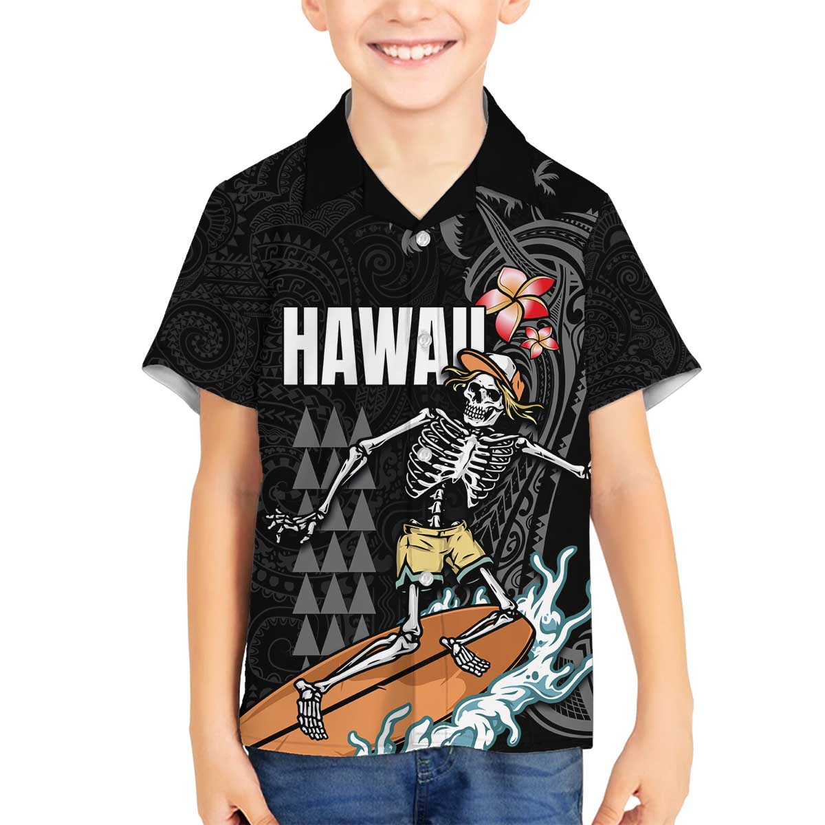 Hawaiian Halloween Skeleton Surfing Family Matching Off The Shoulder Long Sleeve Dress and Hawaiian Shirt Polynesian Tribal Tattoo and Hawaiian Pattern LT03 Son's Shirt Black - Polynesian Pride
