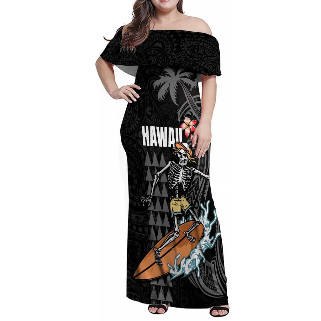 Hawaiian Halloween Skeleton Surfing Family Matching Off Shoulder Maxi Dress and Hawaiian Shirt Polynesian Tribal Tattoo and Hawaiian Pattern LT03 Mom's Dress Black - Polynesian Pride