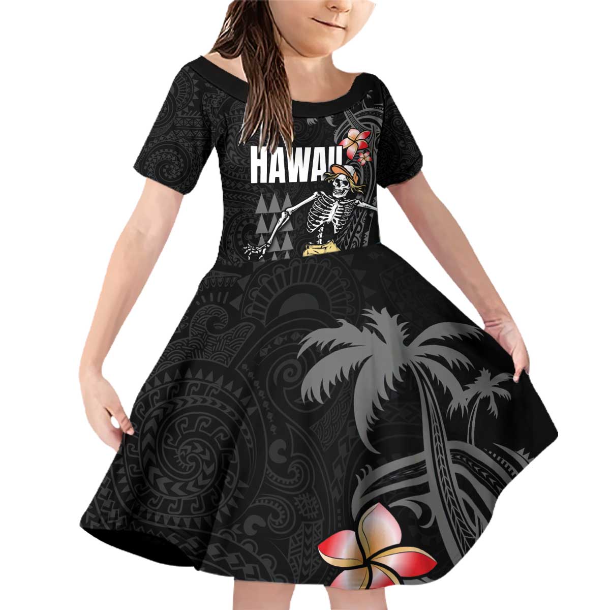 Hawaiian Halloween Skeleton Surfing Family Matching Off Shoulder Short Dress and Hawaiian Shirt Polynesian Tribal Tattoo and Hawaiian Pattern LT03 Daughter's Dress Black - Polynesian Pride