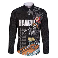 Hawaiian Halloween Skeleton Surfing Family Matching Off Shoulder Short Dress and Hawaiian Shirt Polynesian Tribal Tattoo and Hawaiian Pattern LT03 Dad's Shirt - Long Sleeve Black - Polynesian Pride
