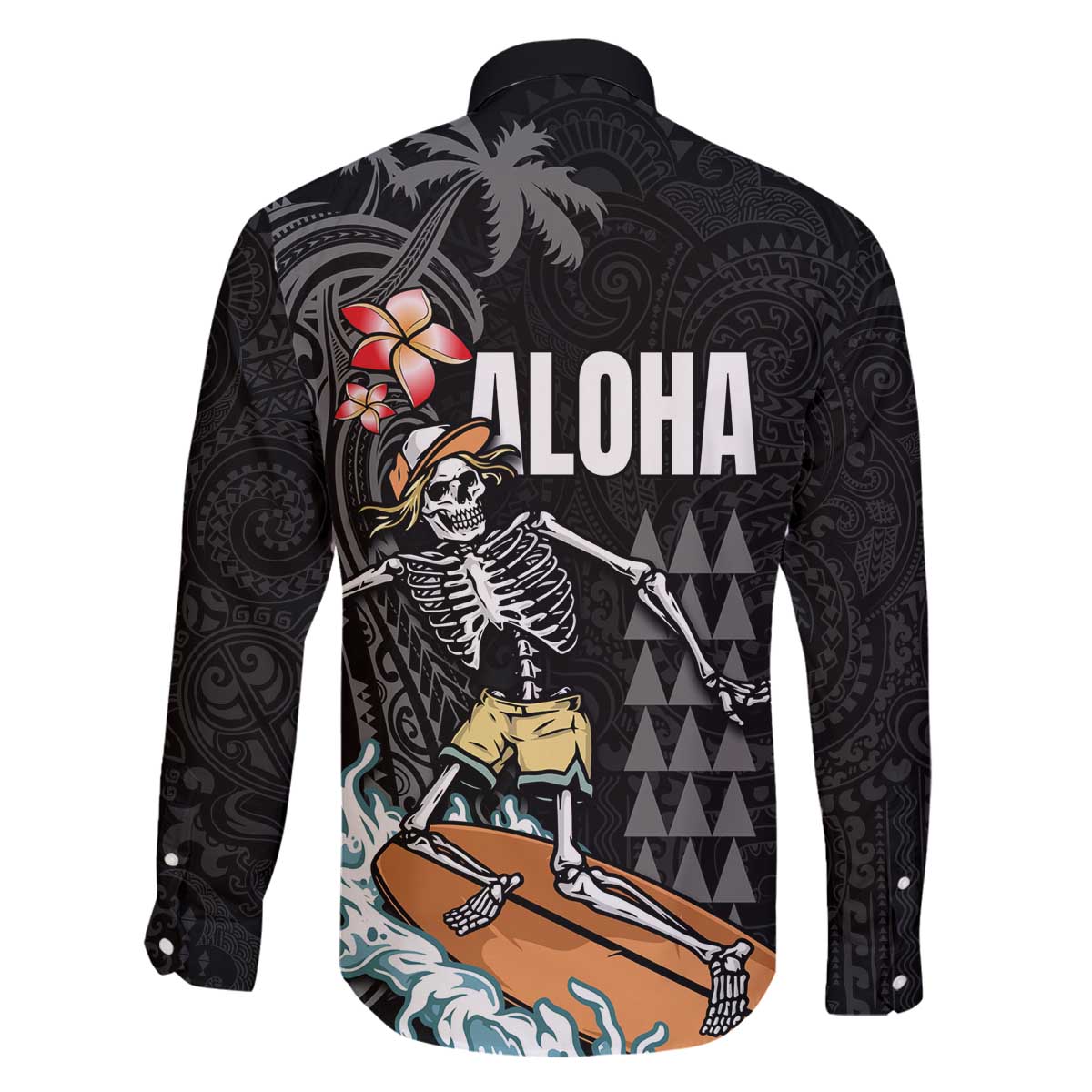 Hawaiian Halloween Skeleton Surfing Family Matching Off Shoulder Short Dress and Hawaiian Shirt Polynesian Tribal Tattoo and Hawaiian Pattern LT03 - Polynesian Pride