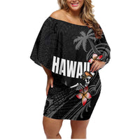 Hawaiian Halloween Skeleton Surfing Family Matching Off Shoulder Short Dress and Hawaiian Shirt Polynesian Tribal Tattoo and Hawaiian Pattern LT03 Mom's Dress Black - Polynesian Pride