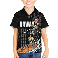 Hawaiian Halloween Skeleton Surfing Family Matching Off Shoulder Short Dress and Hawaiian Shirt Polynesian Tribal Tattoo and Hawaiian Pattern LT03 Son's Shirt Black - Polynesian Pride