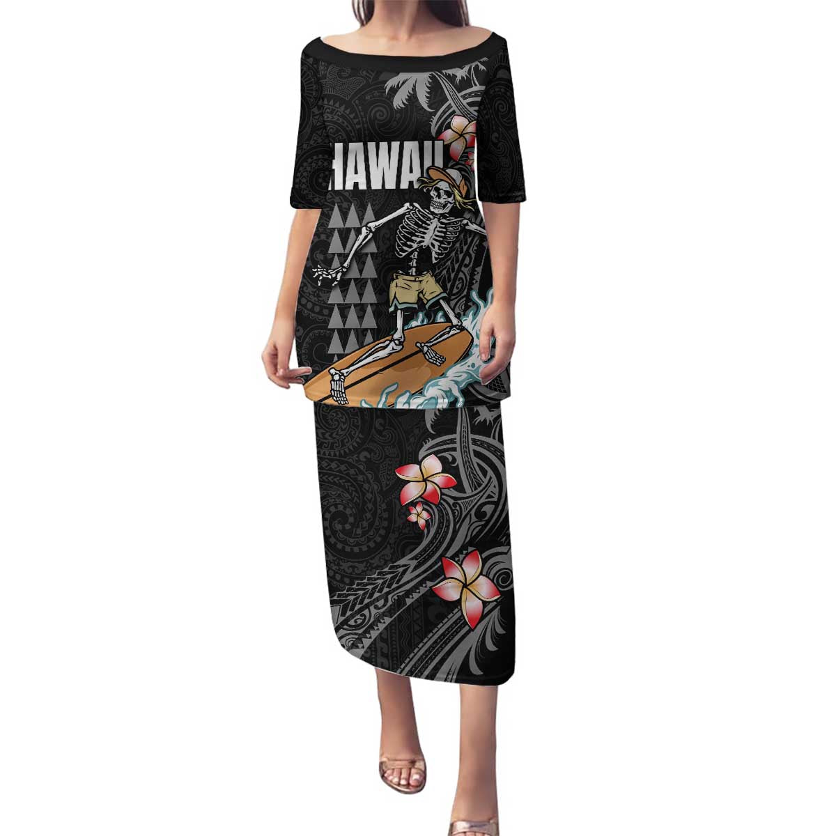 Hawaiian Halloween Skeleton Surfing Family Matching Puletasi and Hawaiian Shirt Polynesian Tribal Tattoo and Hawaiian Pattern LT03 Mom's Dress Black - Polynesian Pride
