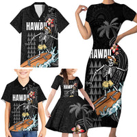 Hawaiian Halloween Skeleton Surfing Family Matching Short Sleeve Bodycon Dress and Hawaiian Shirt Polynesian Tribal Tattoo and Hawaiian Pattern LT03 - Polynesian Pride