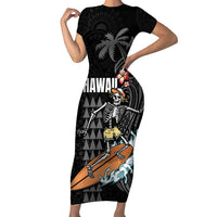 Hawaiian Halloween Skeleton Surfing Family Matching Short Sleeve Bodycon Dress and Hawaiian Shirt Polynesian Tribal Tattoo and Hawaiian Pattern LT03 Mom's Dress Black - Polynesian Pride