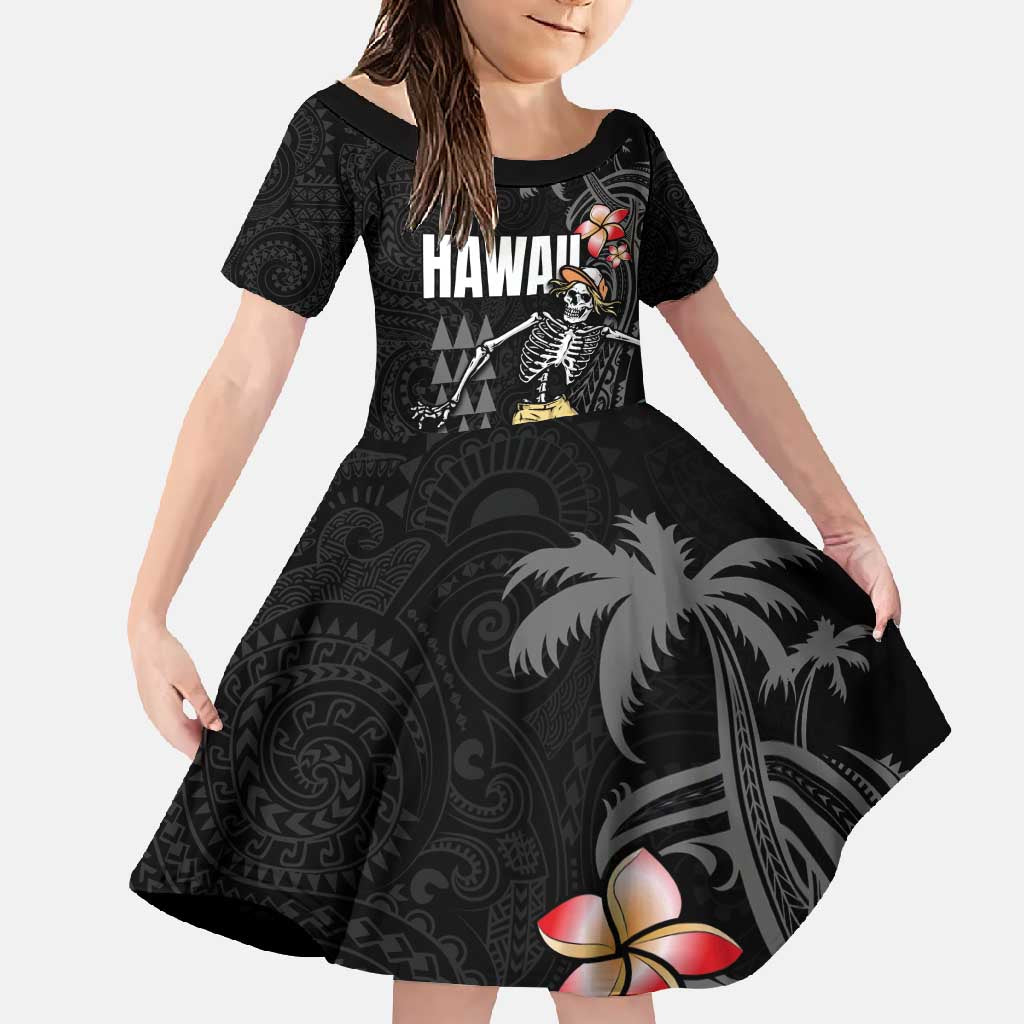 Hawaiian Halloween Skeleton Surfing Family Matching Summer Maxi Dress and Hawaiian Shirt Polynesian Tribal Tattoo and Hawaiian Pattern LT03 Daughter's Dress Black - Polynesian Pride
