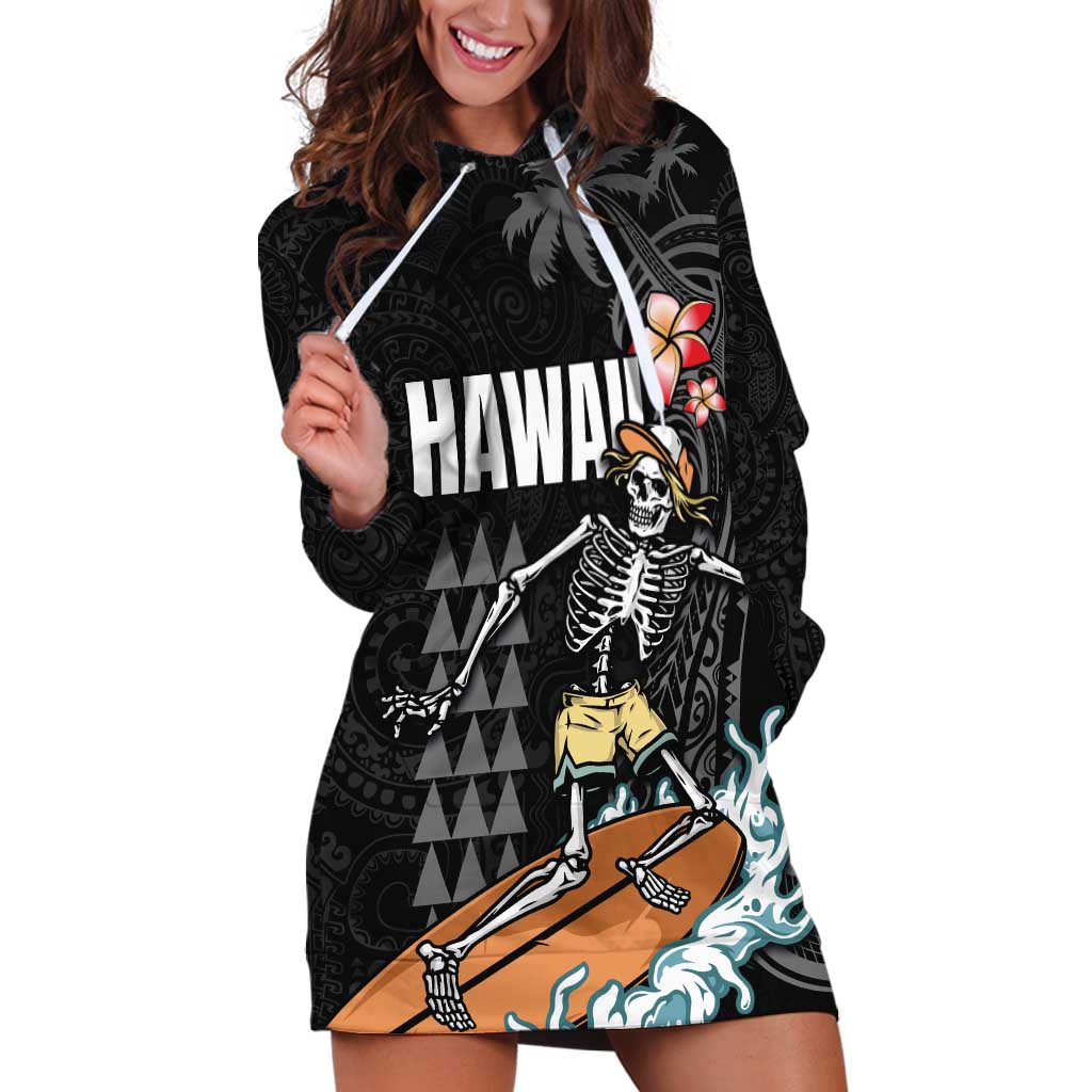 Hawaiian Halloween Skeleton Surfing Hoodie Dress Polynesian Tribal Tattoo and Hawaiian Pattern LT03 Black - Polynesian Pride