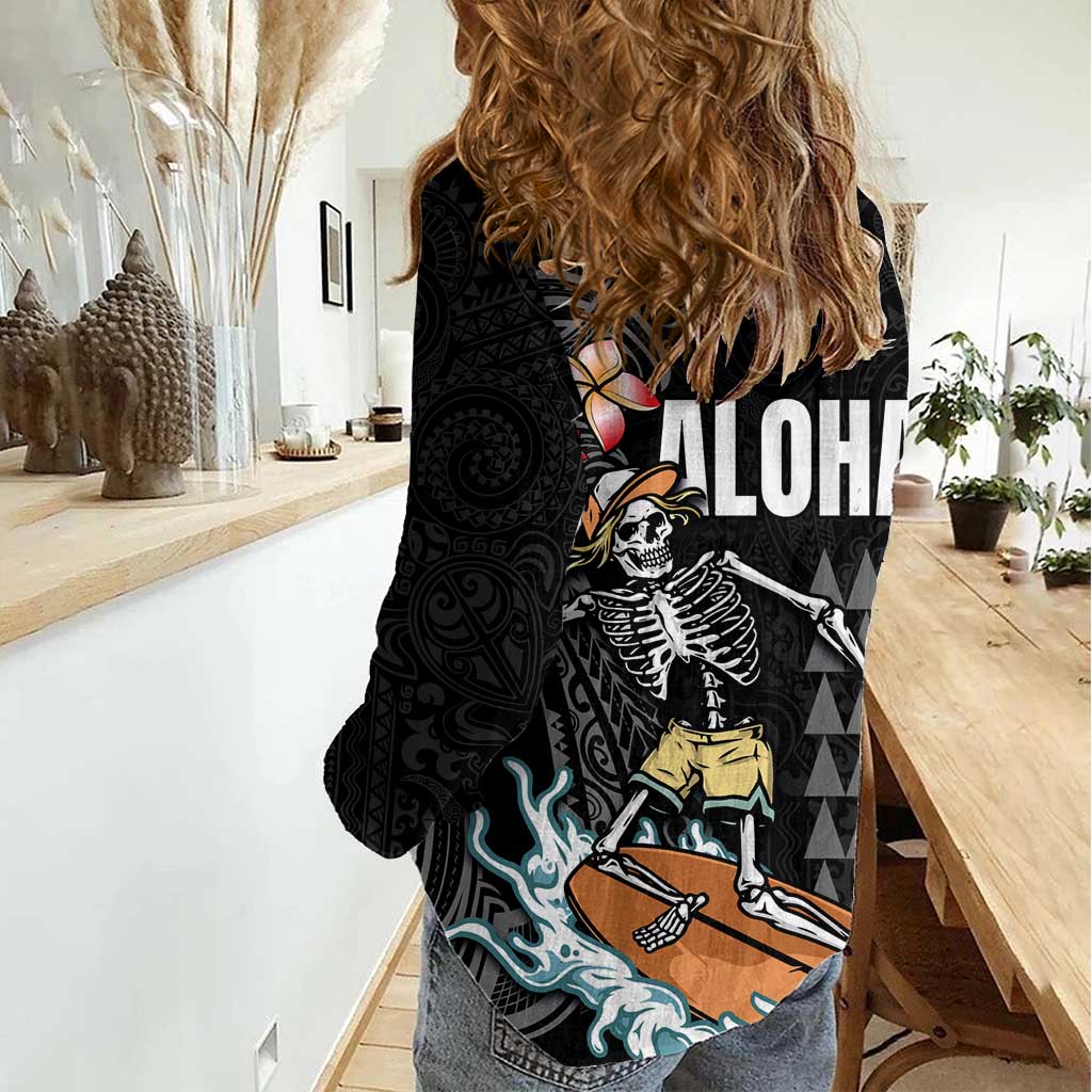 Hawaiian Halloween Skeleton Surfing Women Casual Shirt Polynesian Tribal Tattoo and Hawaiian Pattern LT03 - Polynesian Pride