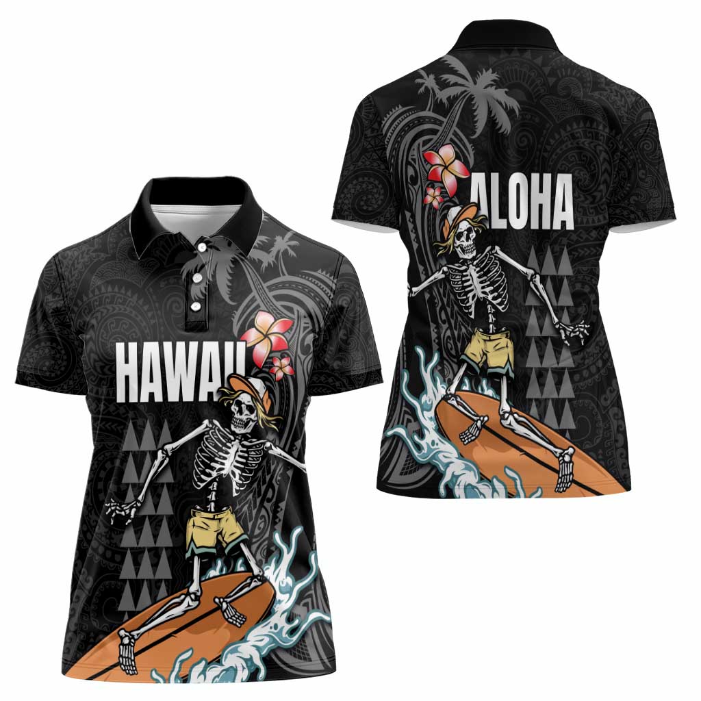 Hawaiian Halloween Skeleton Surfing Women Polo Shirt Polynesian Tribal Tattoo and Hawaiian Pattern