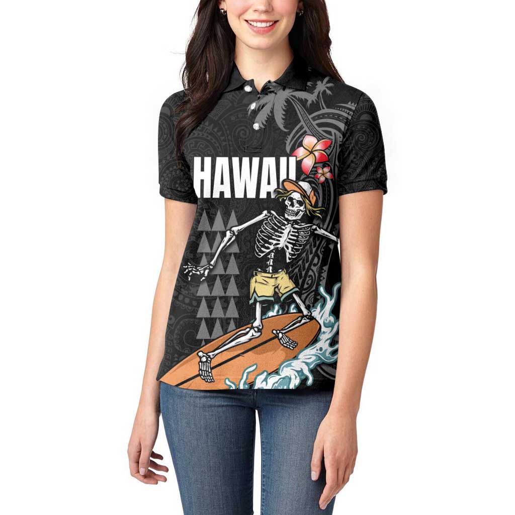 Hawaiian Halloween Skeleton Surfing Women Polo Shirt Polynesian Tribal Tattoo and Hawaiian Pattern