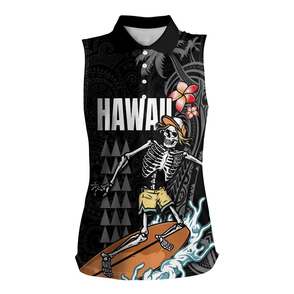 Hawaiian Halloween Skeleton Surfing Women Sleeveless Polo Shirt Polynesian Tribal Tattoo and Hawaiian Pattern LT03 Female Black - Polynesian Pride