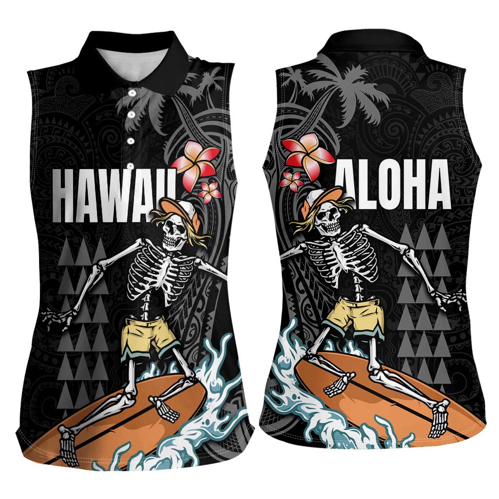 Hawaiian Halloween Skeleton Surfing Women Sleeveless Polo Shirt Polynesian Tribal Tattoo and Hawaiian Pattern LT03 - Polynesian Pride