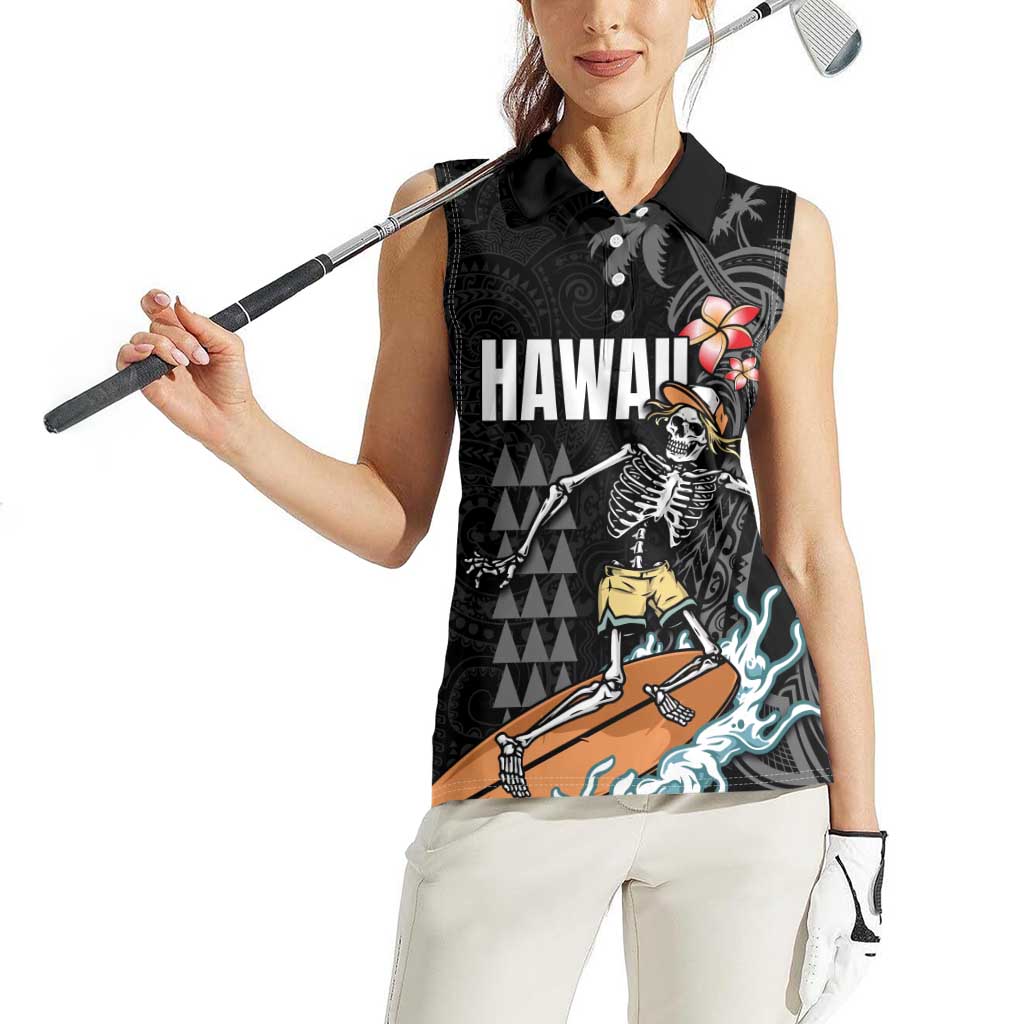 Hawaiian Halloween Skeleton Surfing Women Sleeveless Polo Shirt Polynesian Tribal Tattoo and Hawaiian Pattern LT03 - Polynesian Pride