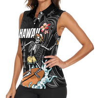 Hawaiian Halloween Skeleton Surfing Women Sleeveless Polo Shirt Polynesian Tribal Tattoo and Hawaiian Pattern LT03 - Polynesian Pride