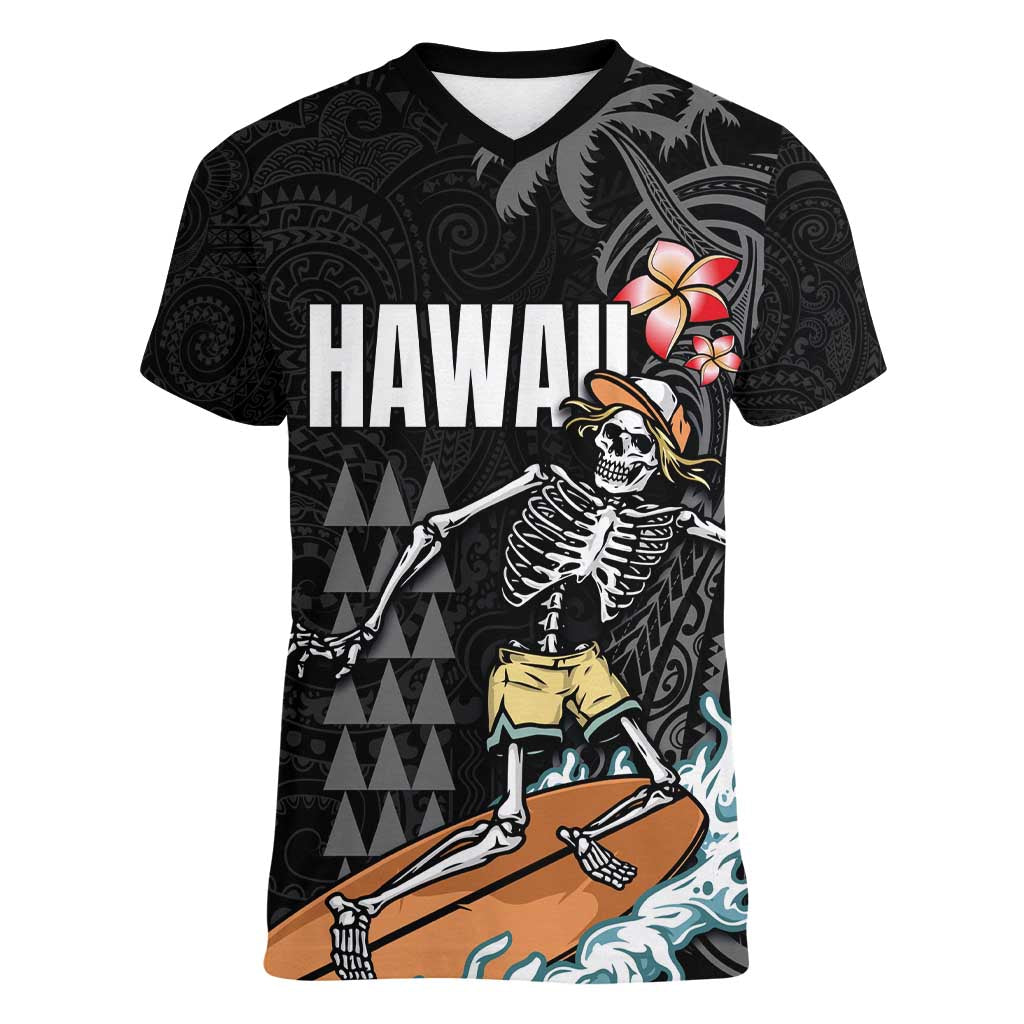 Hawaiian Halloween Skeleton Surfing Women V-Neck T-Shirt Polynesian Tribal Tattoo and Hawaiian Pattern LT03 Female Black - Polynesian Pride