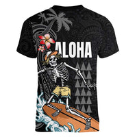 Hawaiian Halloween Skeleton Surfing Women V-Neck T-Shirt Polynesian Tribal Tattoo and Hawaiian Pattern LT03 - Polynesian Pride