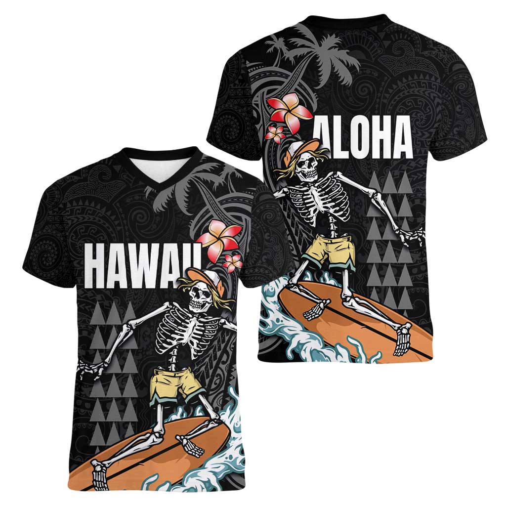 Hawaiian Halloween Skeleton Surfing Women V-Neck T-Shirt Polynesian Tribal Tattoo and Hawaiian Pattern LT03 - Polynesian Pride