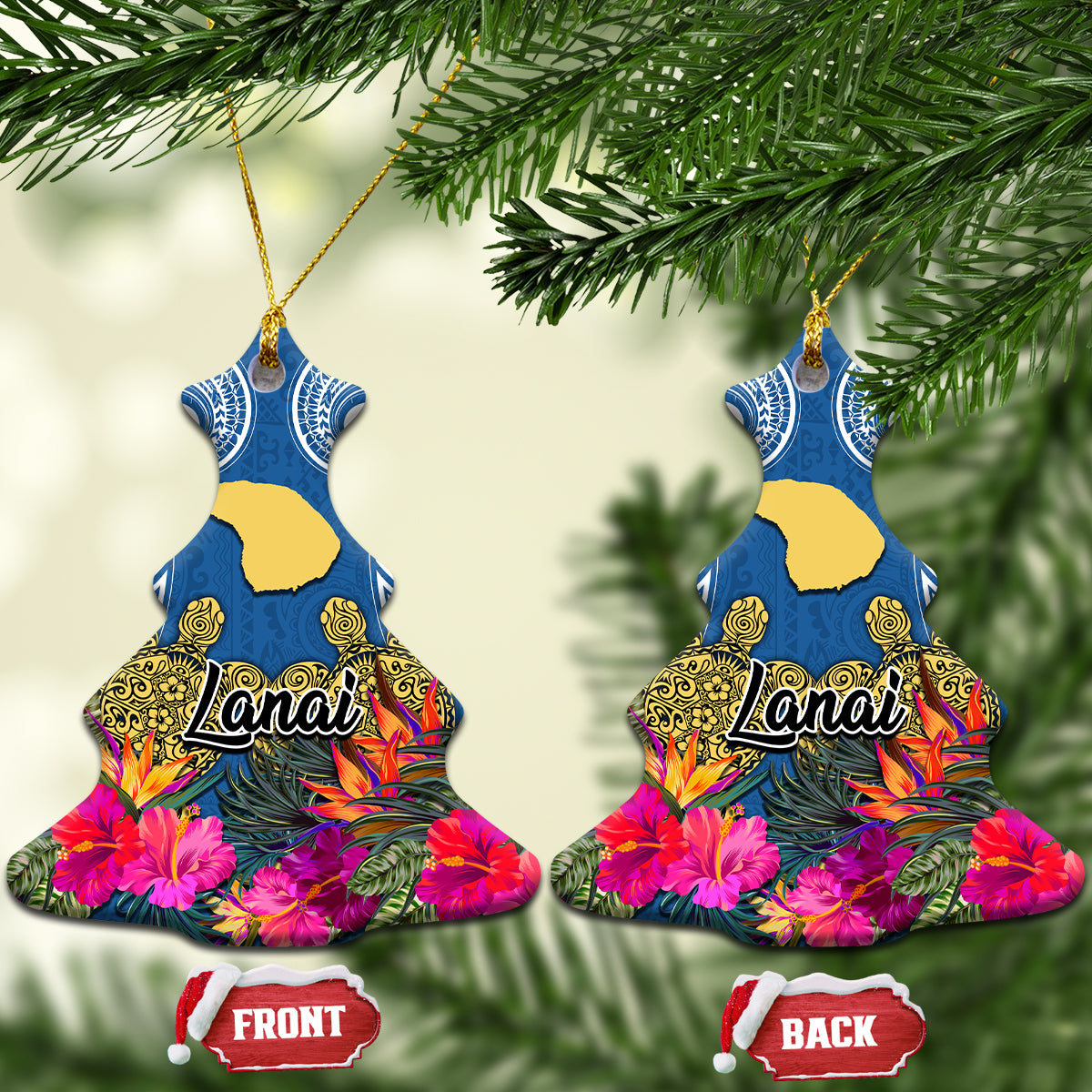 Hawaii Lanai Island Ceramic Ornament Hibiscus Turle and Map with Polynesian Spiral LT03 - Polynesian Pride