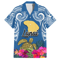 Hawaii Lanai Island Family Matching Off Shoulder Long Sleeve Dress and Hawaiian Shirt Hibiscus Turle and Map with Polynesian Spiral LT03 Dad's Shirt - Short Sleeve Blue - Polynesian Pride