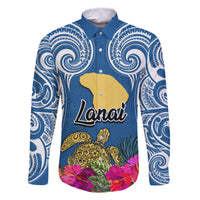 Hawaii Lanai Island Long Sleeve Button Shirt Hibiscus Turle and Map with Polynesian Spiral LT03 Unisex Blue - Polynesian Pride