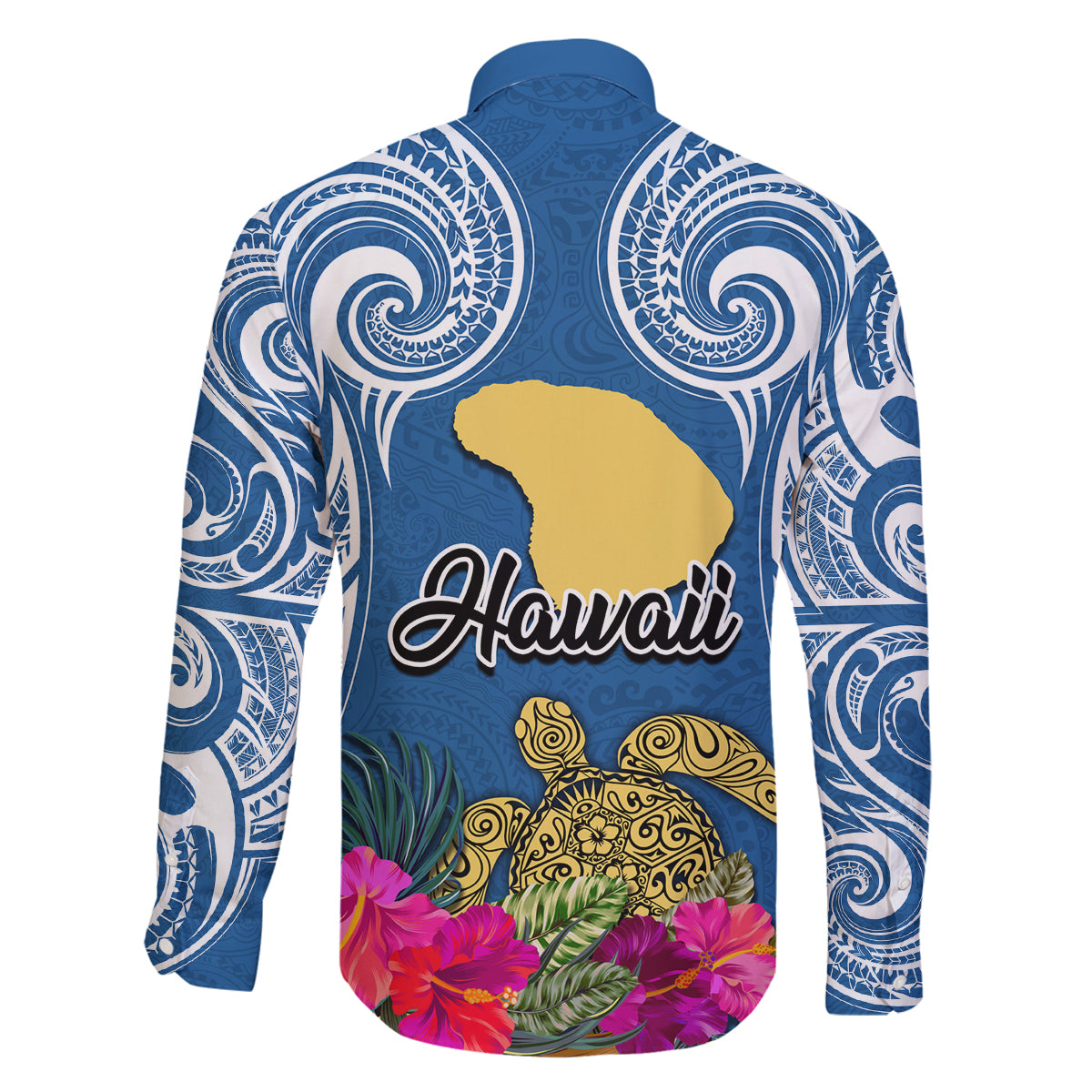 Hawaii Lanai Island Long Sleeve Button Shirt Hibiscus Turle and Map with Polynesian Spiral LT03 - Polynesian Pride