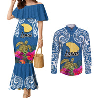 Custom Hawaii Lanai Island Couples Matching Mermaid Dress and Long Sleeve Button Shirts Hibiscus Turle and Map with Polynesian Spiral LT03 Blue - Polynesian Pride