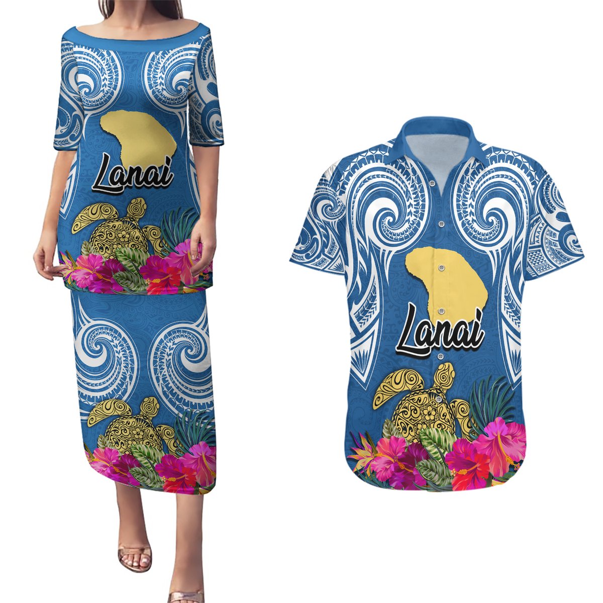 Custom Hawaii Lanai Island Couples Matching Puletasi Dress and Hawaiian Shirt Hibiscus Turle and Map with Polynesian Spiral LT03 Blue - Polynesian Pride