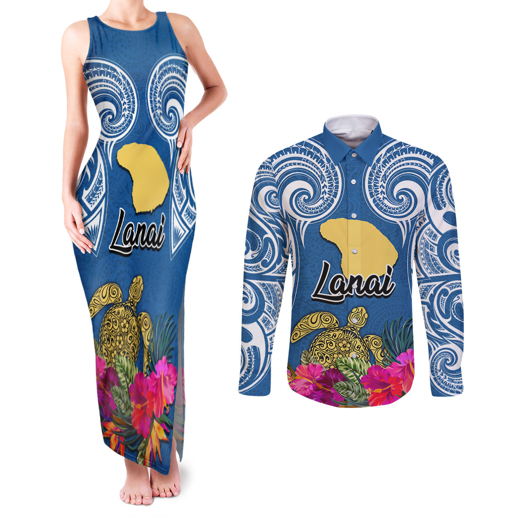Custom Hawaii Lanai Island Couples Matching Tank Maxi Dress and Long Sleeve Button Shirts Hibiscus Turle and Map with Polynesian Spiral LT03 Blue - Polynesian Pride